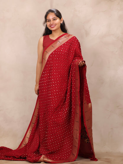 Maroon Handcrafted Bandhani Paithani Dola Silk Saree | Looms & Tassels