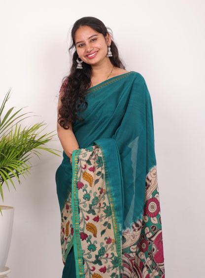 Peacock Green Plain Gap Border Kalamkari Premium Chennur Silk Handcrafted Saree