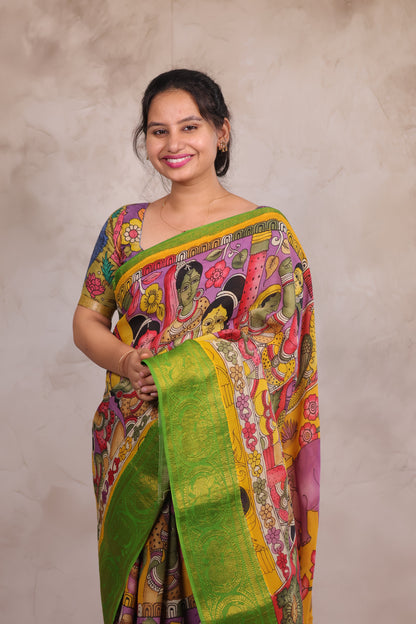 Hand Drawn Pen Kalamkari Lavender And Green Bangalore Silk Kanchi Border Saree | Looms & Tassels