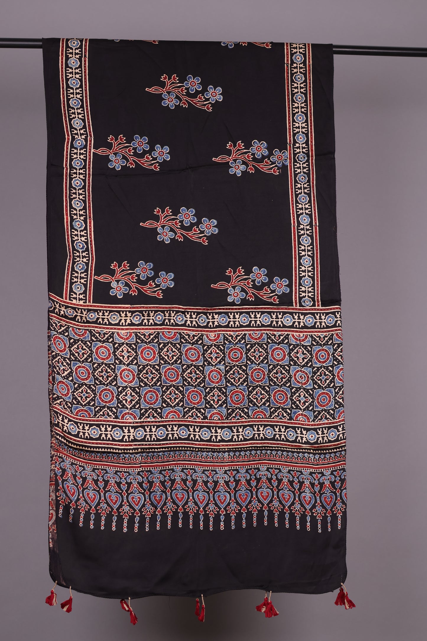 Black Ajrakh Hand Block Printed Modal Silk Stole | Looms & Tassels