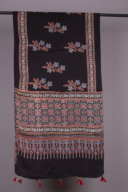 Black Ajrakh Hand Block Printed Modal Silk Stole | Looms & Tassels