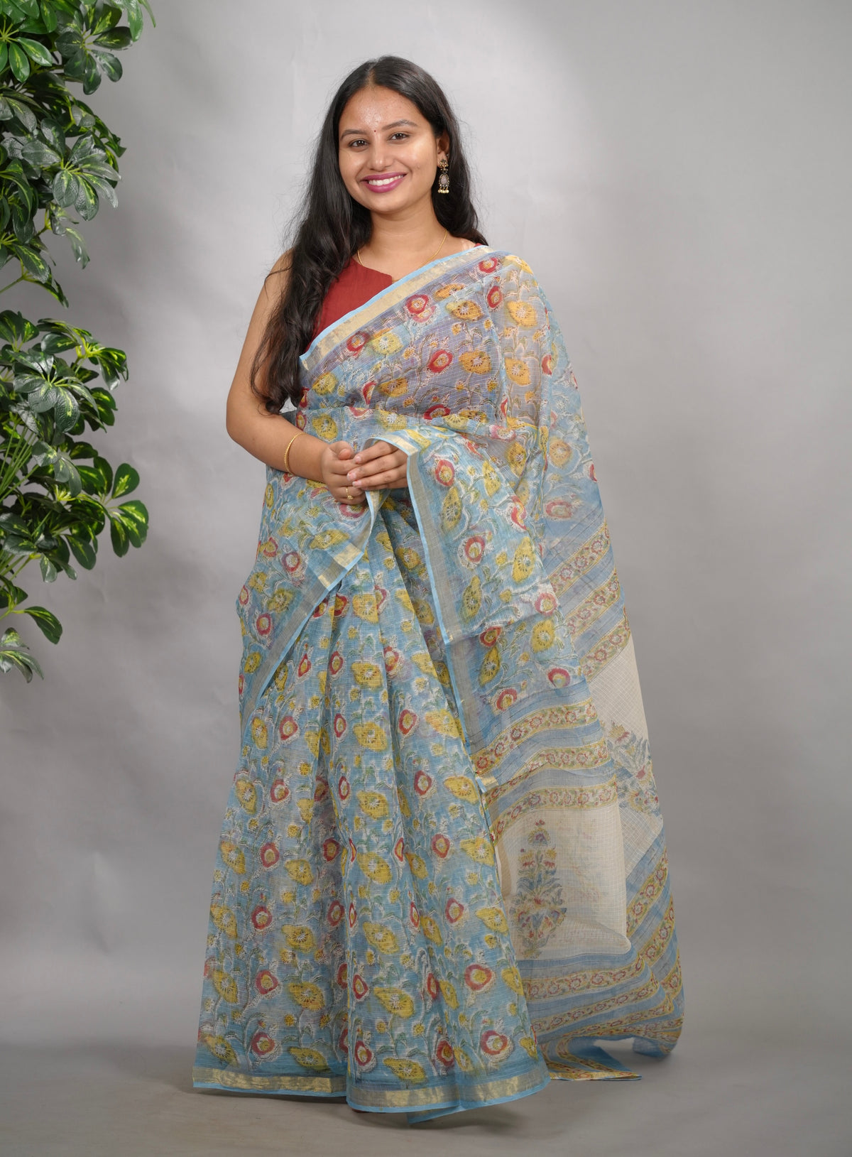Powder Blue Pure Kota Doria Saree with Bagru Handblock Prints