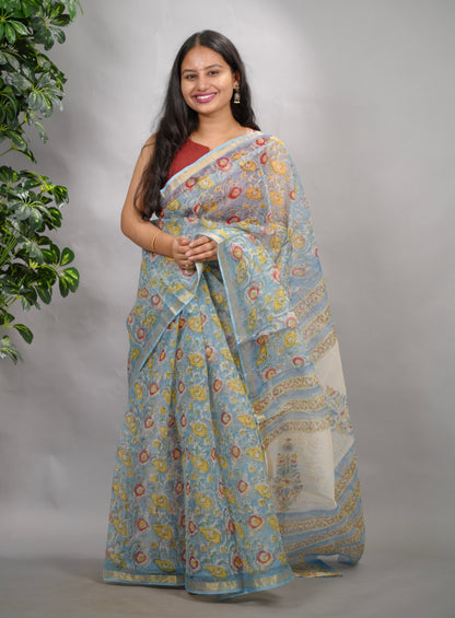 Powder Blue Pure Kota Doria Saree with Bagru Handblock Prints