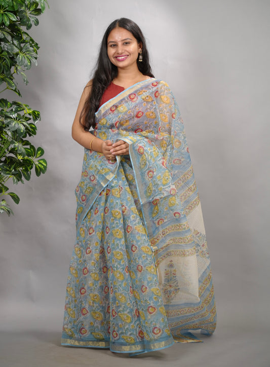 Powder Blue Pure Kota Doria Saree with Bagru Handblock Prints