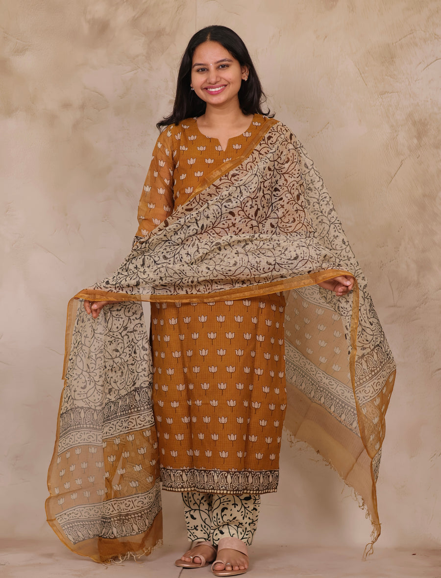 Mustard Handblock printed kota 3 piece suit (stitched)
