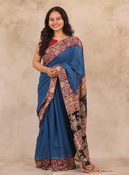 Cyan Blue Hand Block Printed Kalamkari Cotton Saree | Looms & Tassels