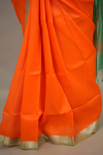 Orange Handloom Mangalagiri Silk Saree| Looms & Tassels