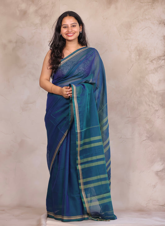 Dual shade Blue Narayanpet Cotton Saree | Looms & Tassels