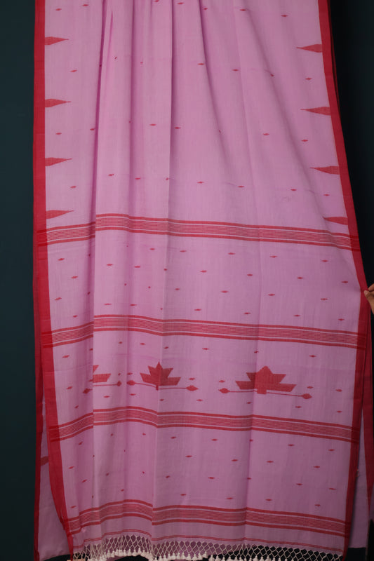 Pink Pure Handwoven Malai Cotton Saree with Butta Weaving border
