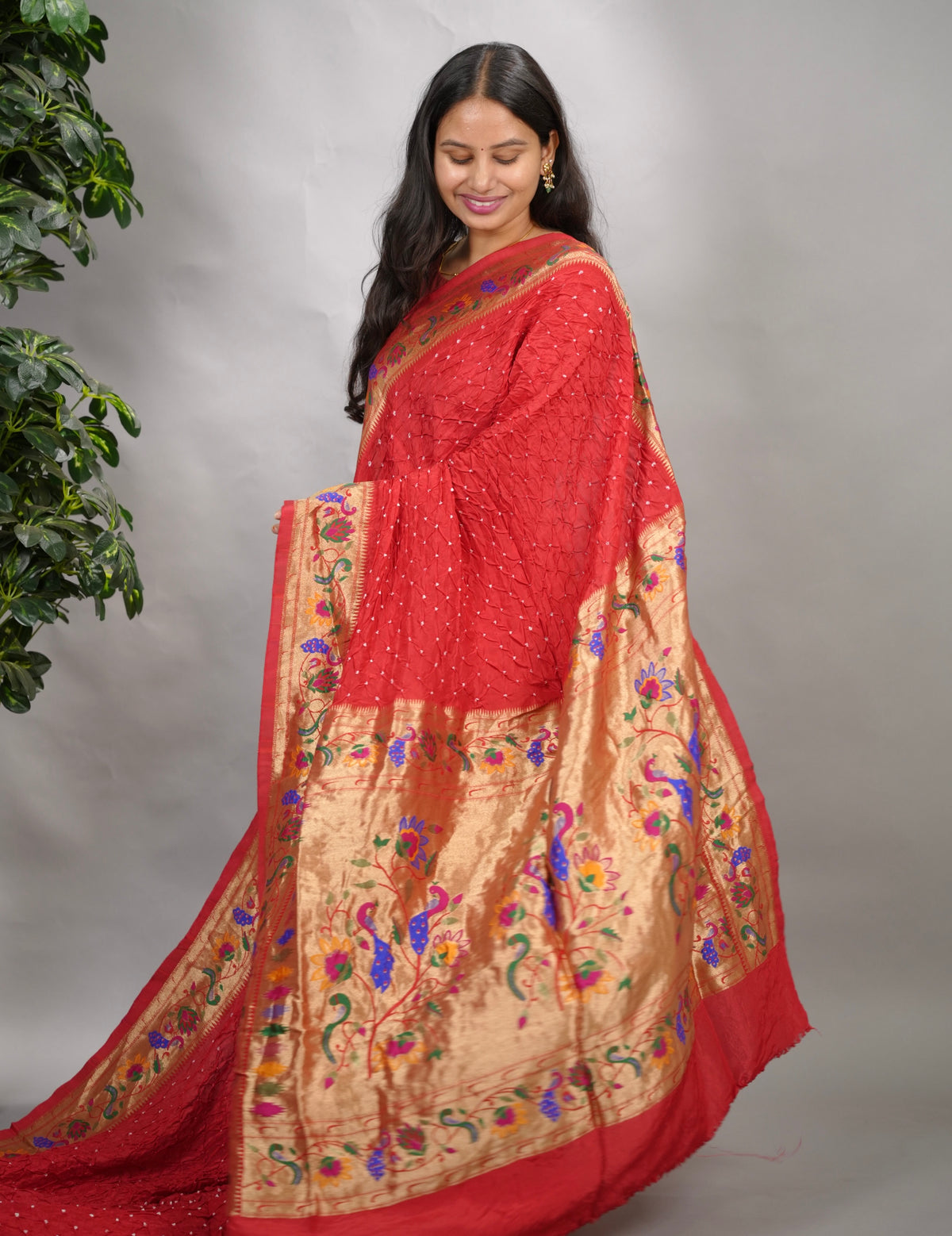 Red Handcrafted Bandhani Paithani Dola Silk Saree | Looms & Tassels