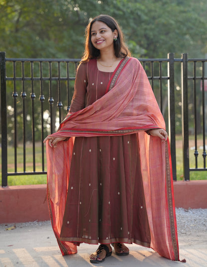 Onion Pink Narayanpet Cotton Anarkali Dress with Narayanpet Dupatta