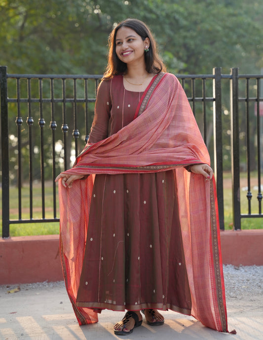 Onion Pink Narayanpet Cotton Anarkali Dress with Narayanpet Dupatta