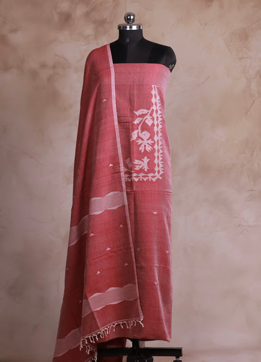 Peach Handwoven Jamdhani weaving pure Malai cotton 2 piece suit sets | Looms & Tassels