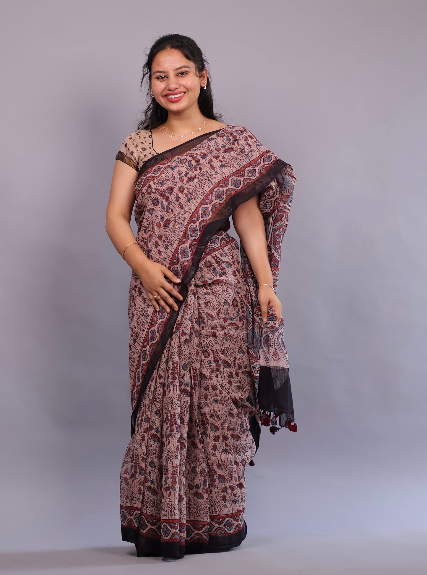Cream Ajrakh Hand Block Printed Kota Doria Saree | Looms & Tassels