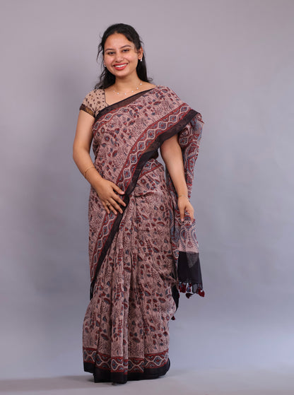 Cream Ajrakh Hand Block Printed Kota Doria Saree | Looms & Tassels