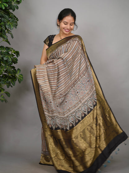 Contemporary Ajrakh Handblock printed Dola Silk Saree | Looms & Tassels