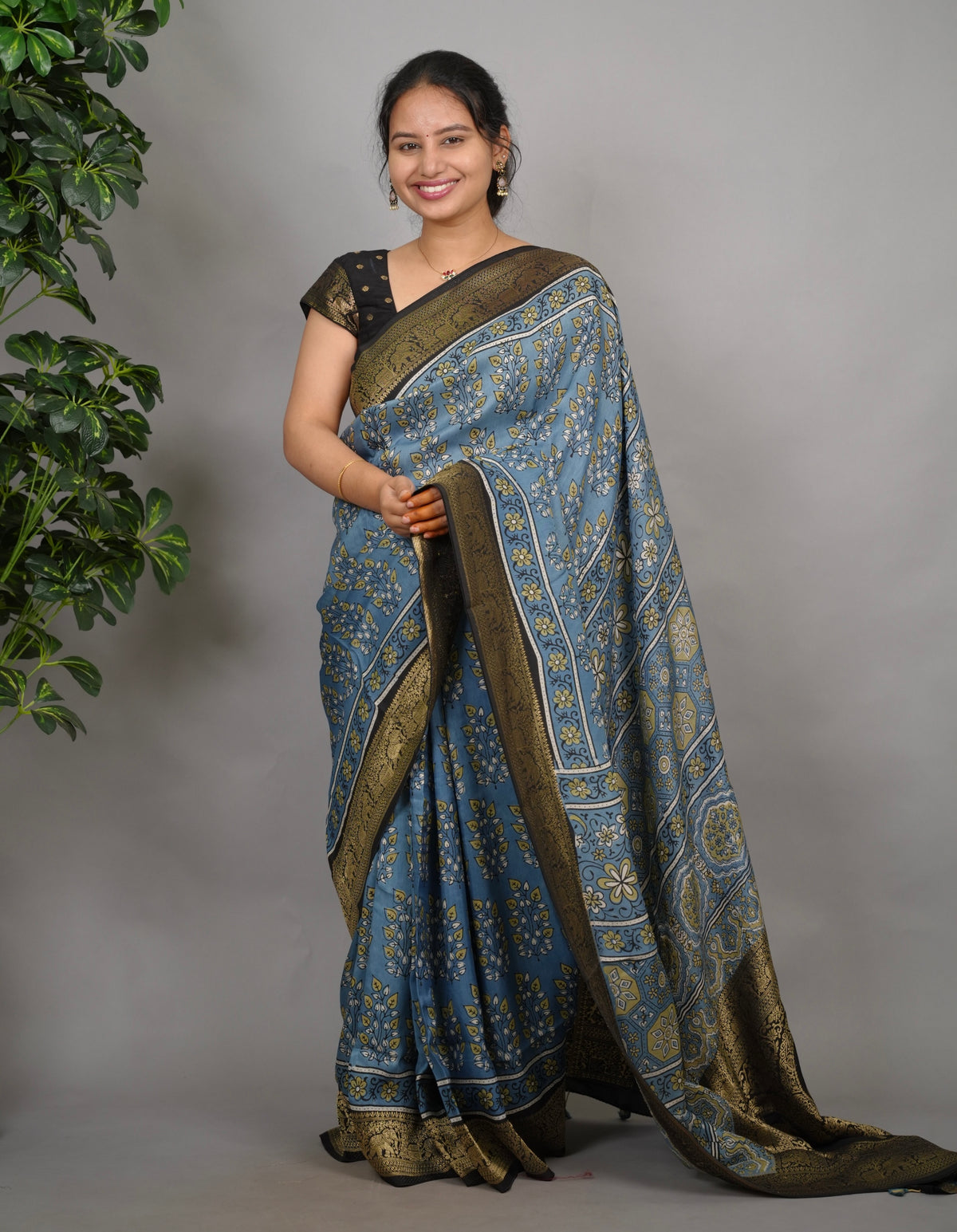 Ajrakh Dola Silk Saree - Blue | Looms & Tassels