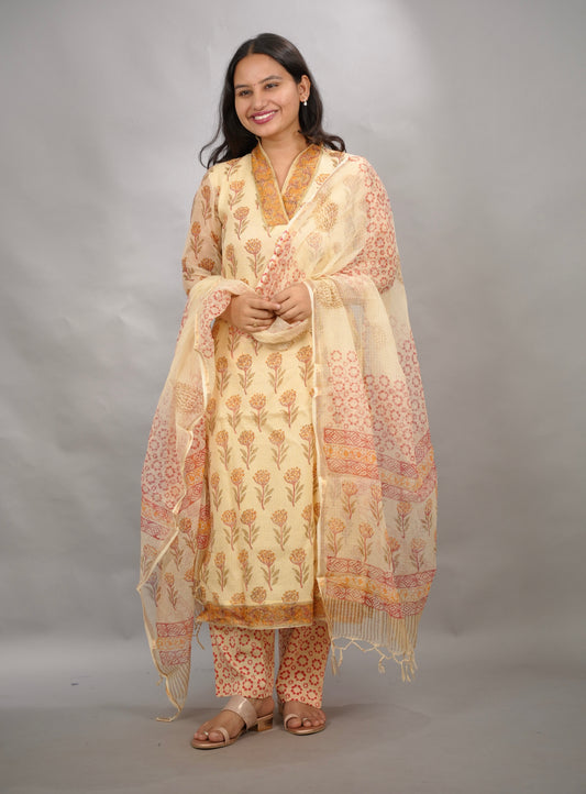 Cream Handblock printed kota 3 piece suit (stitched)| Looms & Tassels
