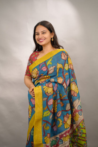 Hand Drawn Pen Kalamkari Rama Blue And Yellow Bangalore Silk Gicha Border Saree | Looms & Tassels