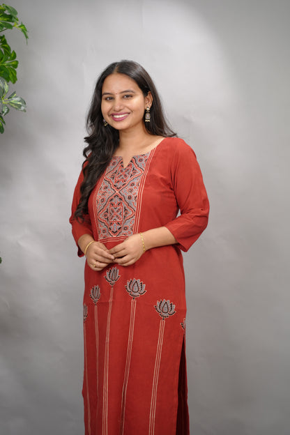 Maroon Ajrakh Pattern Hand Block printed Kurti | Looms & Tassels