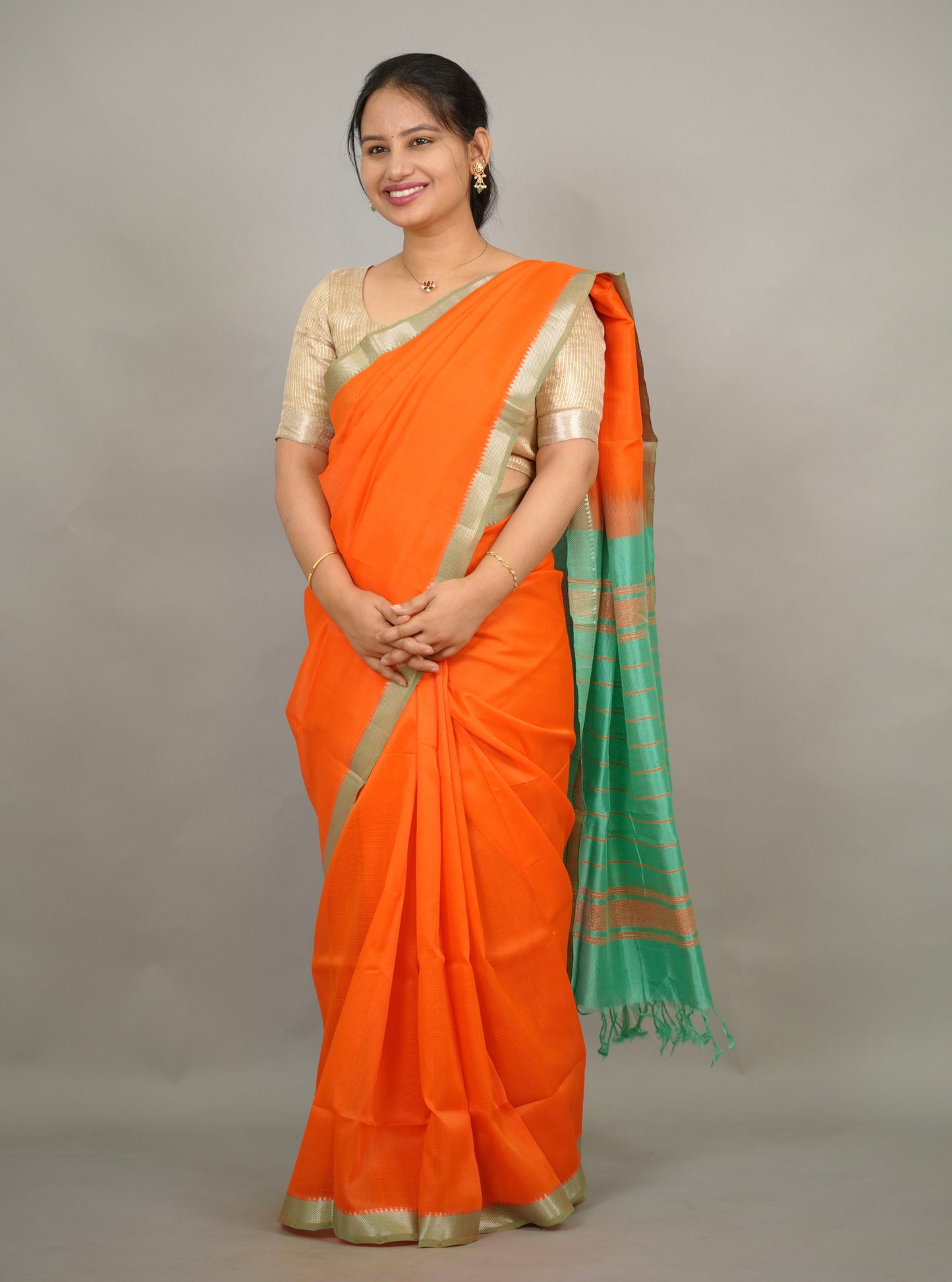 Orange Handloom Mangalagiri Silk Saree| Looms & Tassels
