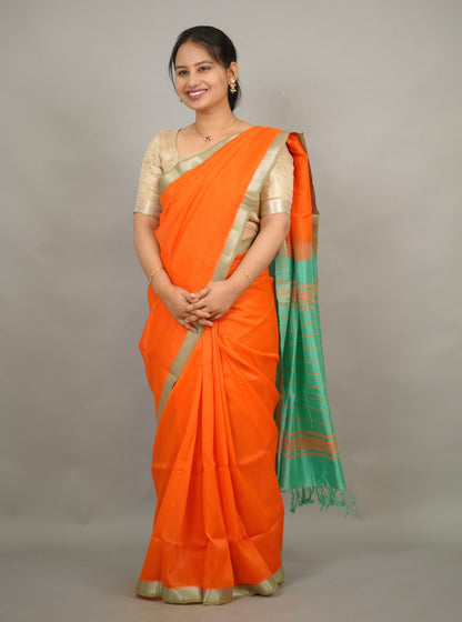 Orange Handloom Mangalagiri Silk Saree| Looms & Tassels