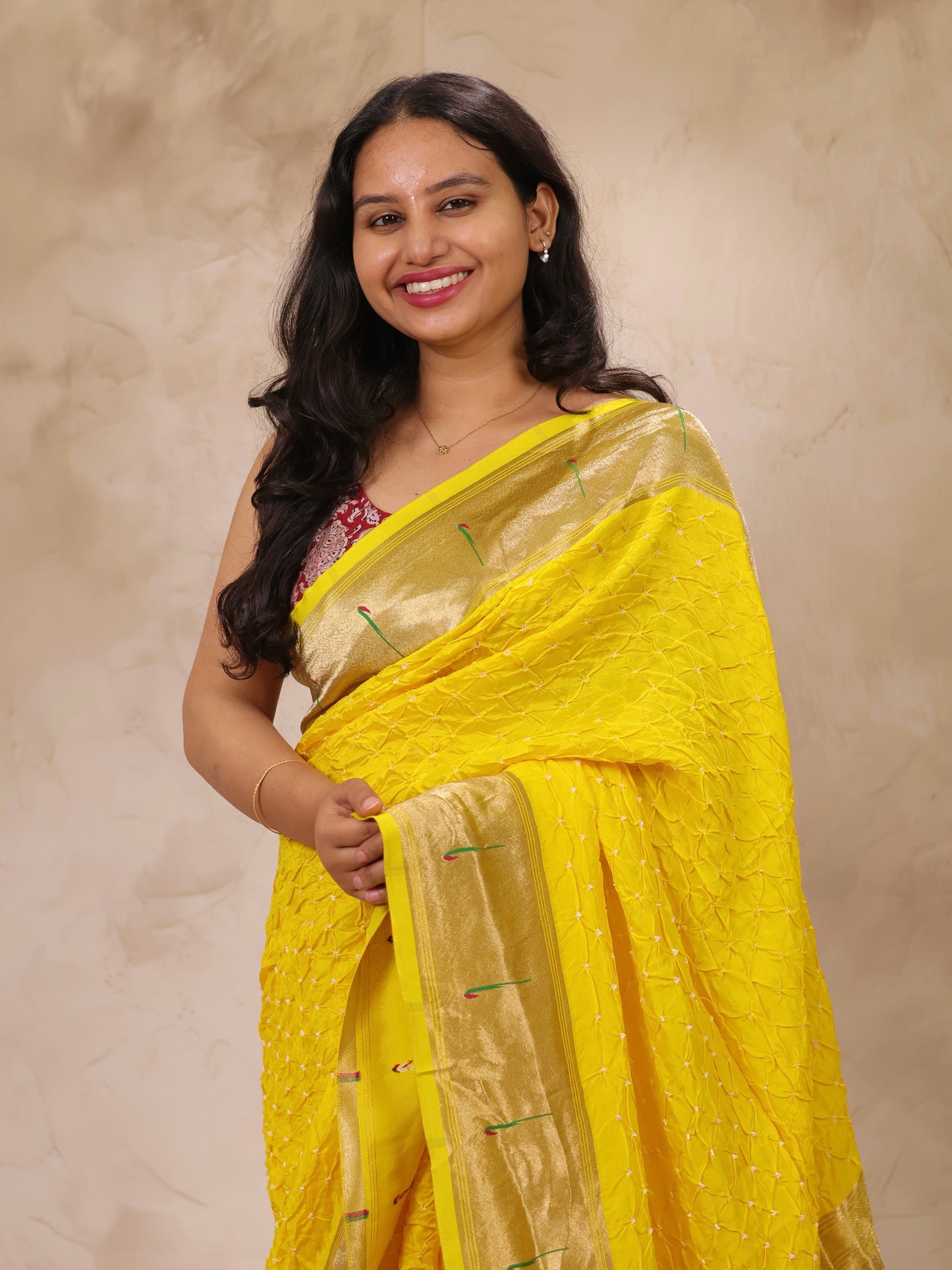 Yellow Handcrafted Bandhani Paithani Dola Silk Saree | Looms & Tassels