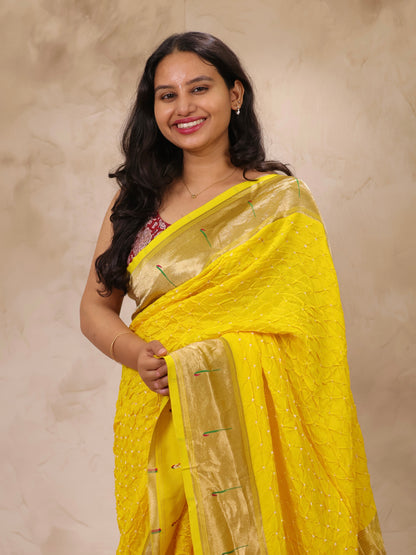 Yellow Handcrafted Bandhani Paithani Dola Silk Saree | Looms & Tassels