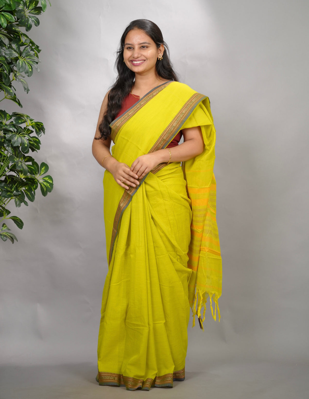 Lemon Green Narayanpet Cotton Saree | Looms & Tassels