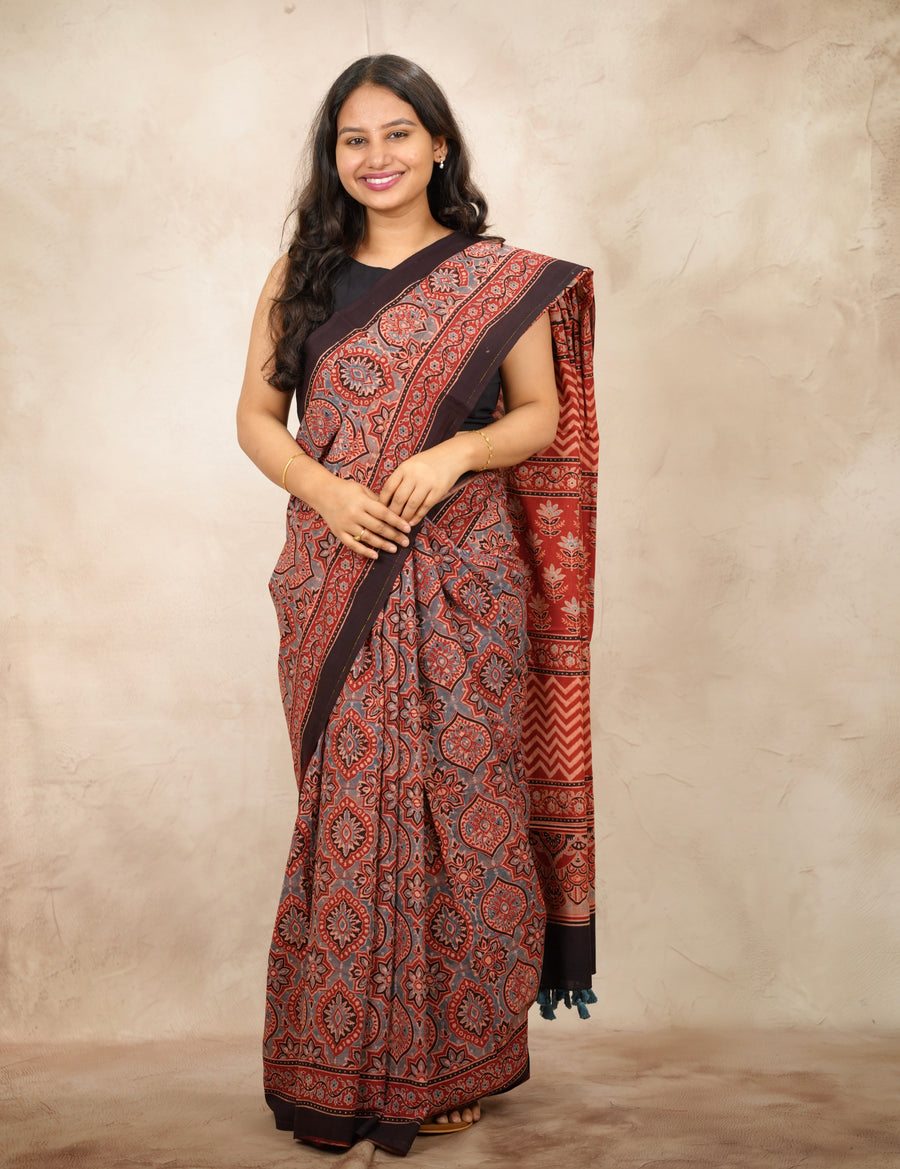 Maroon Ajrakh Hand Block Printed Cotton Saree | Looms & Tassels