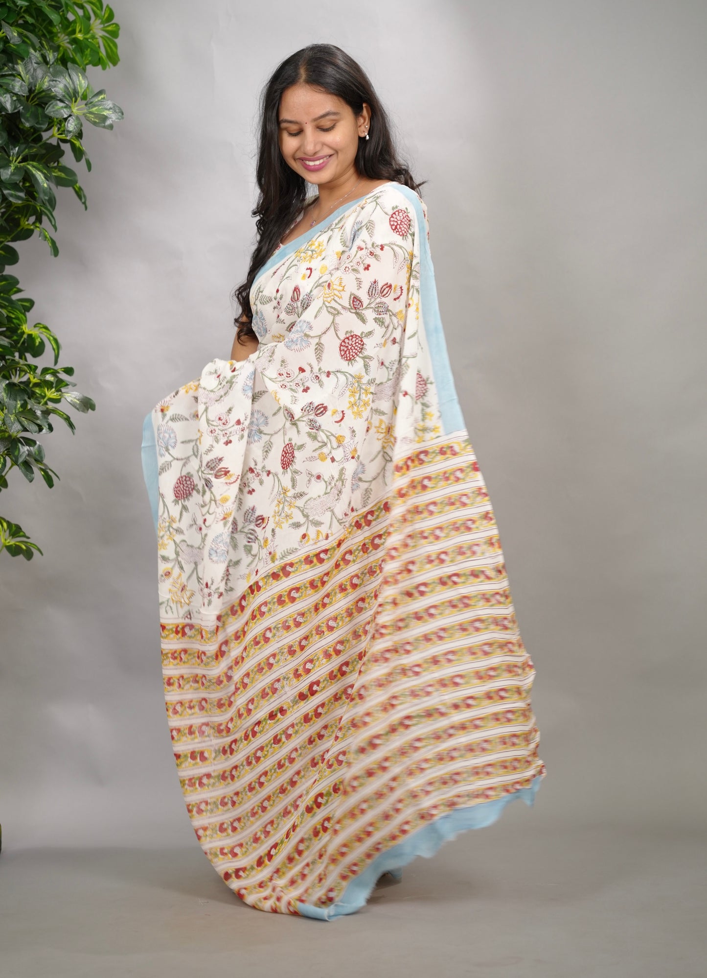 Off White Georgette Hand Block Printed Saree| Looms & Tassels