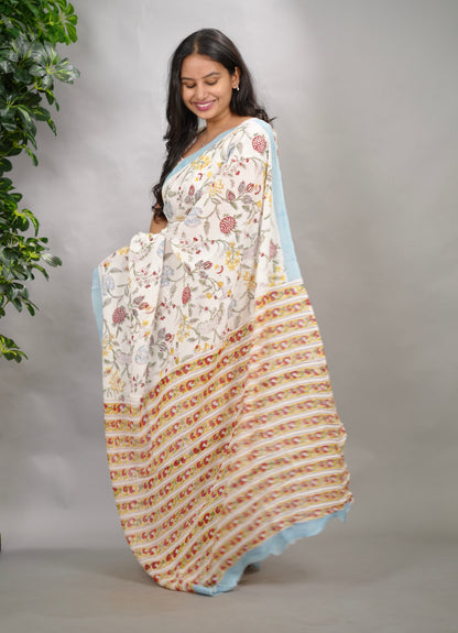 Off White Georgette Hand Block Printed Saree| Looms & Tassels