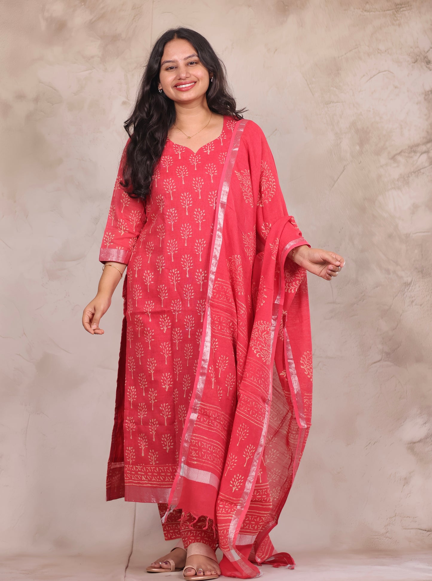 Pink Linen Cotton Handblock printed 3 piece suit (stitched)