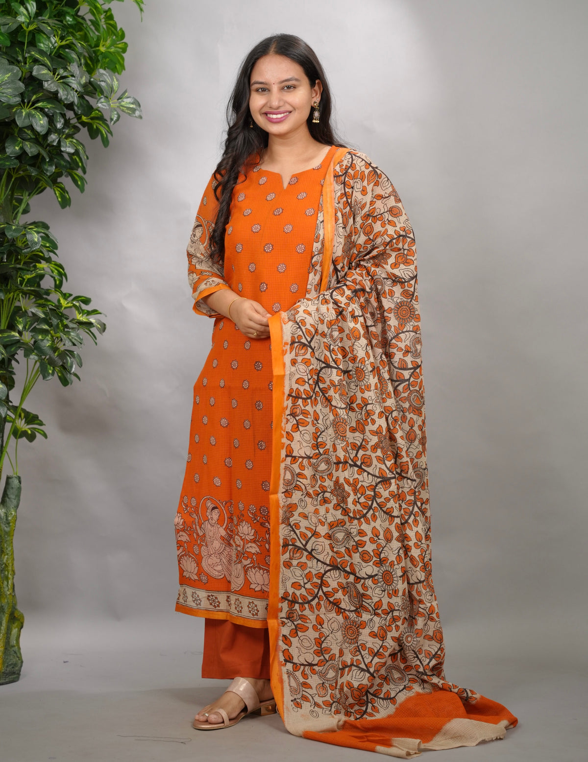 Orange Kalamkari Kota Cotton 3 piece suit (stitched) | Looms & Tassels