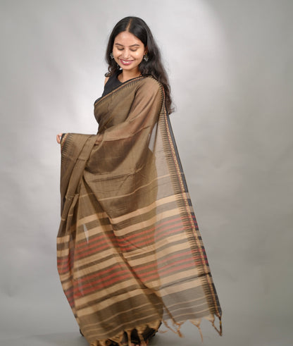 Grey Narayanpet Cotton Saree With Temple Border | Looms & Tassels