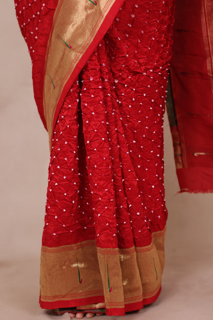 Red Handcrafted Bandhani Paithani Dola Silk Saree | Looms & Tassels