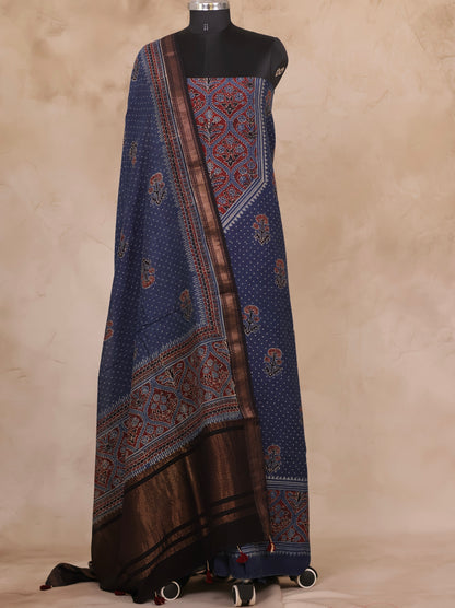 Maheswari Silk Cotton Ajrakh Handblock Printed 2 Piece Suit Set | Looms & Tassels