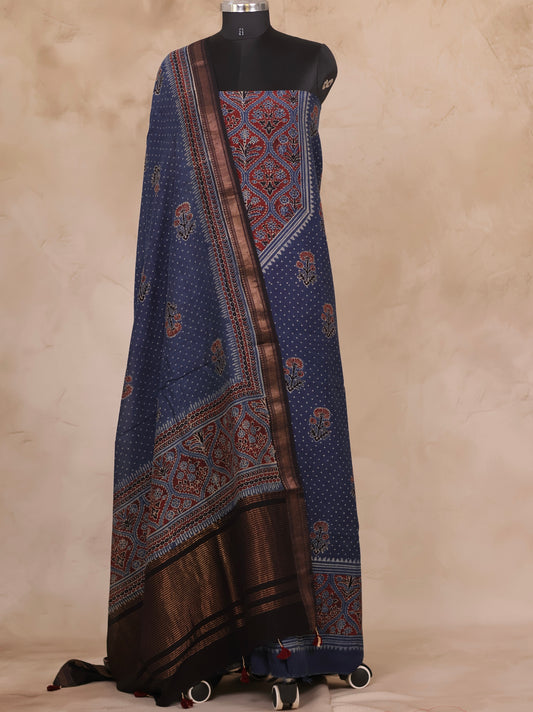 Maheswari Silk Cotton Ajrakh Handblock Printed 2 Piece Suit Set | Looms & Tassels