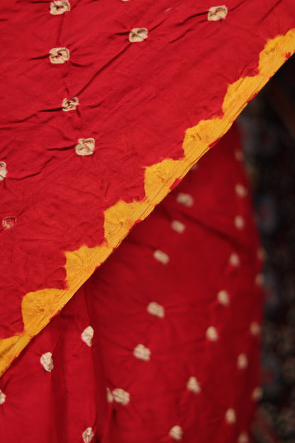 Red Ajrakh Bandhej Modal Silk Saree