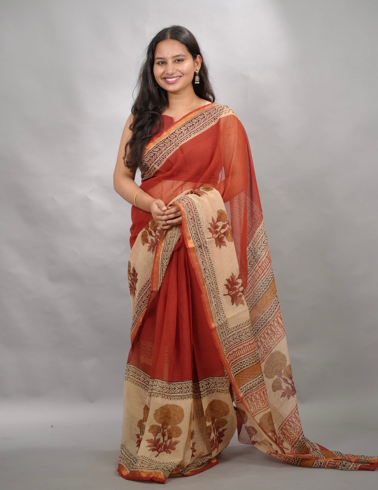Maroon Pure Kota Doria Saree with Bagru Handblock Prints | Looms & Tassels