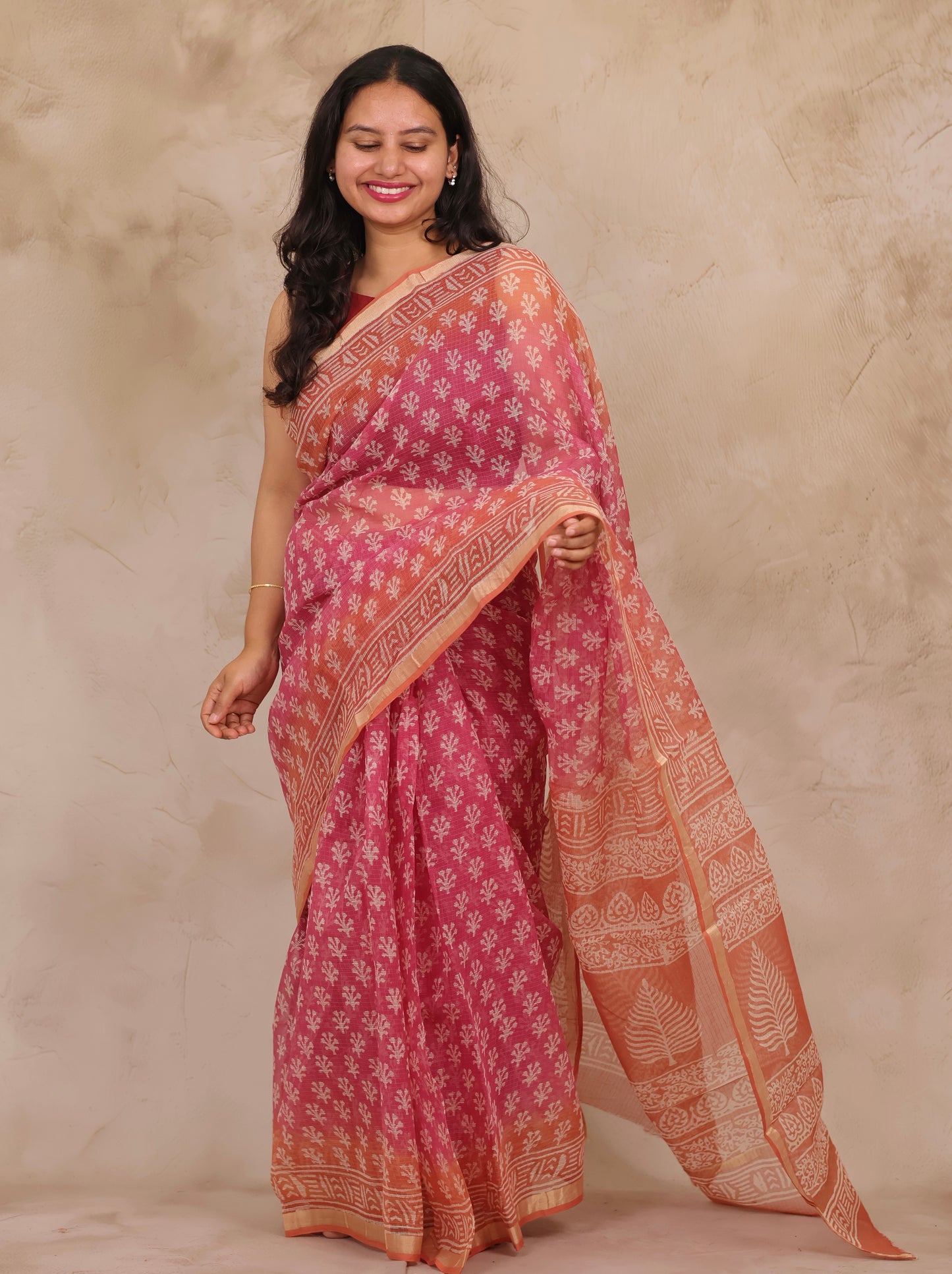 Pink Pure Kota Doria Saree with Bagru Handblock Prints | Looms & Tassels