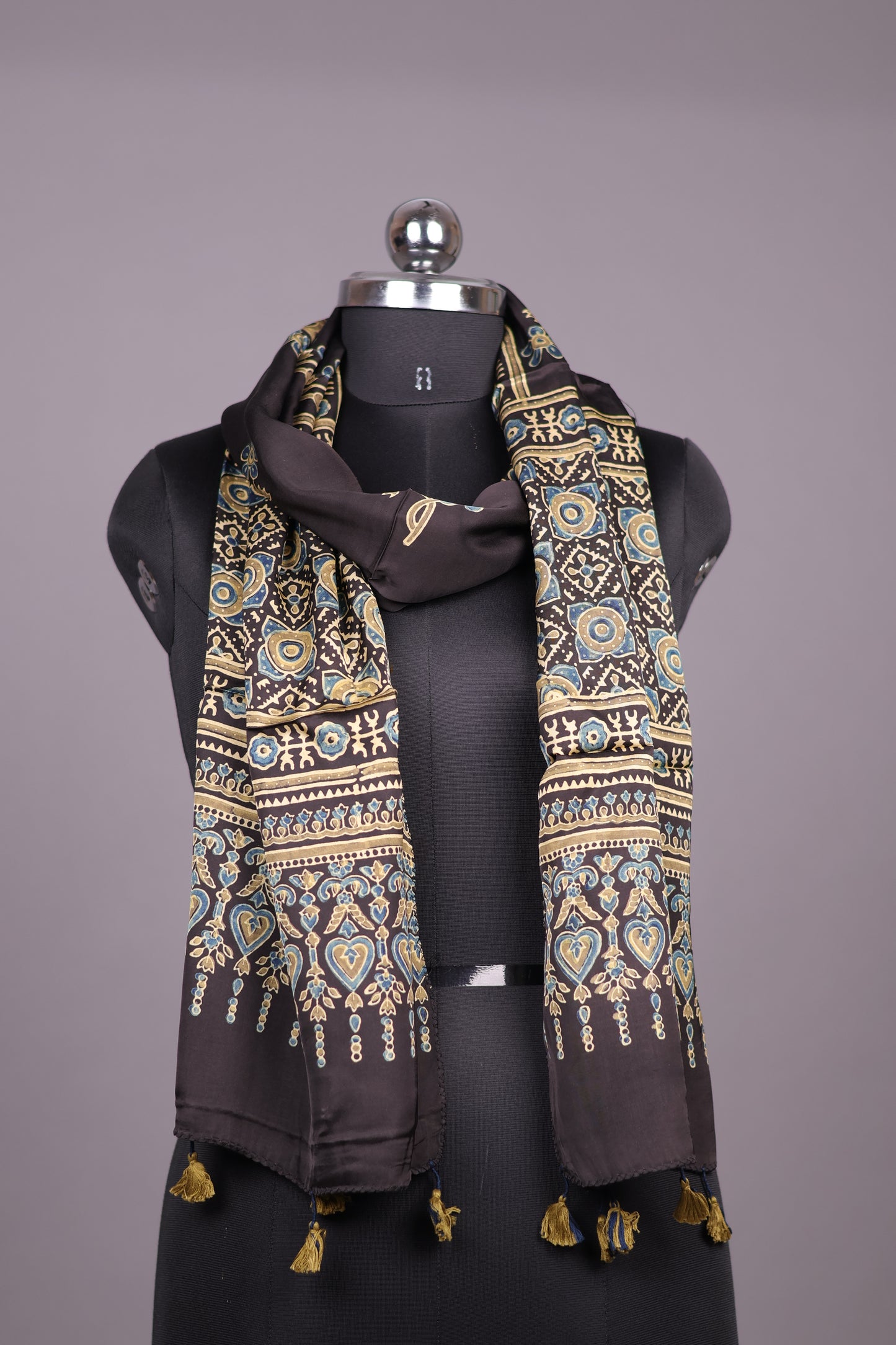 Black Ajrakh Hand Block Printed Modal Silk Stole | Looms & Tassels