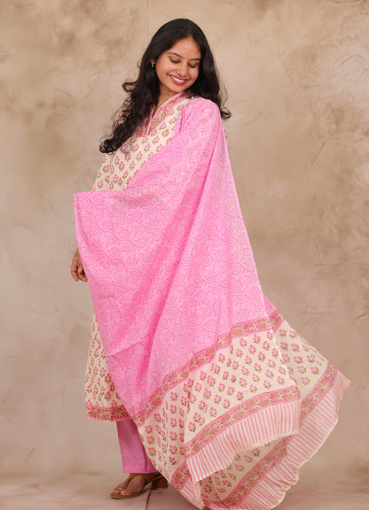 Off White & Pink Handblock printed Pure Mul Cotton with Kota Doria Duppata 3 piece suit (stitched)