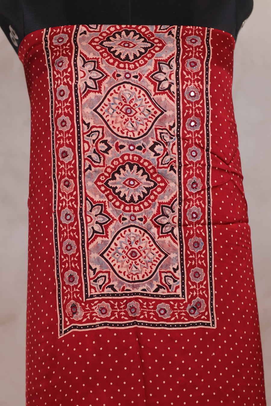 Mirror Work Maroon Ajrakh Handblock Printed Modal Silk 2 Piece Suit Set | Looms & Tassels
