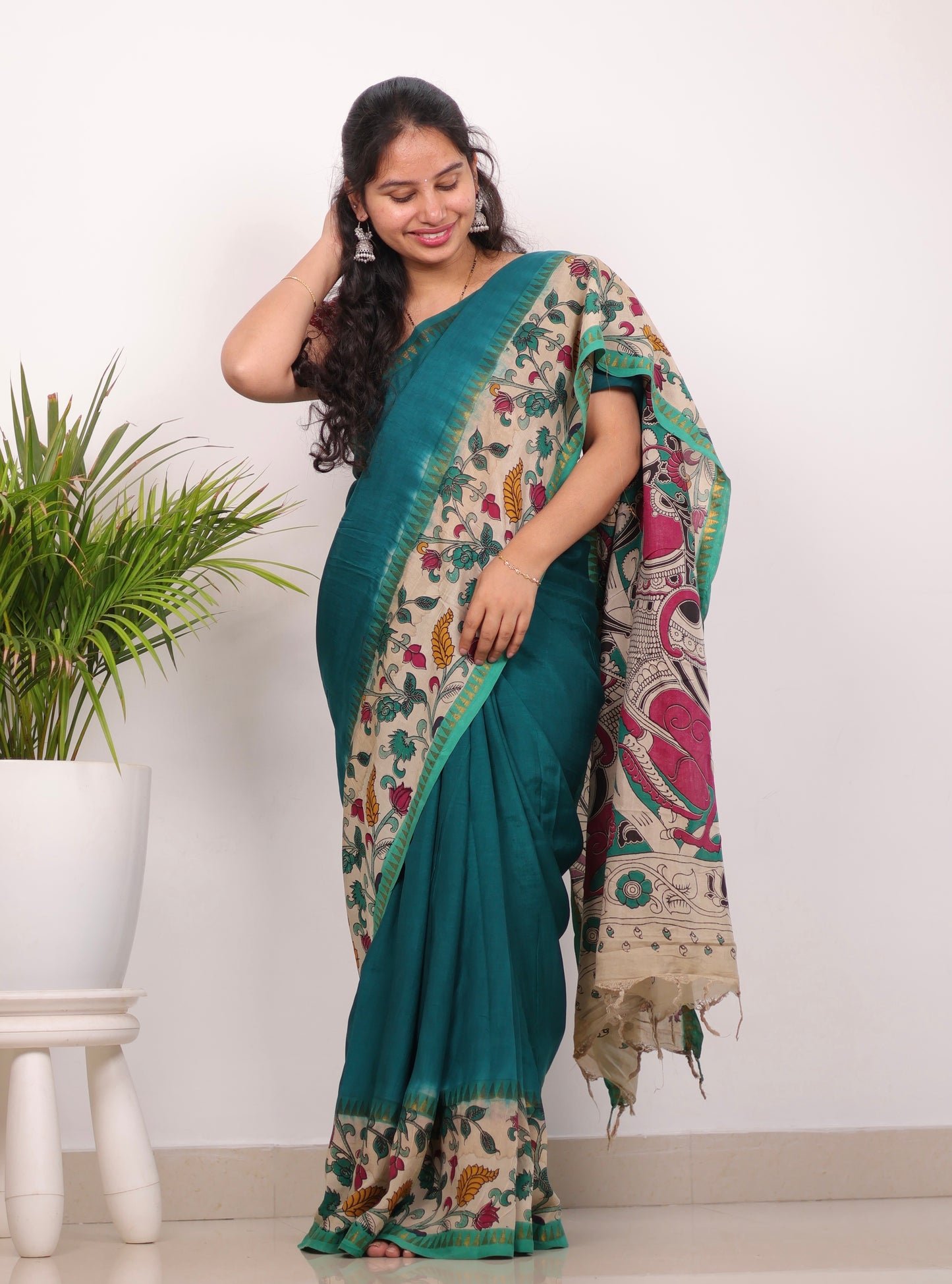 Peacock Green Plain Gap Border Kalamkari Premium Chennur Silk Handcrafted Saree