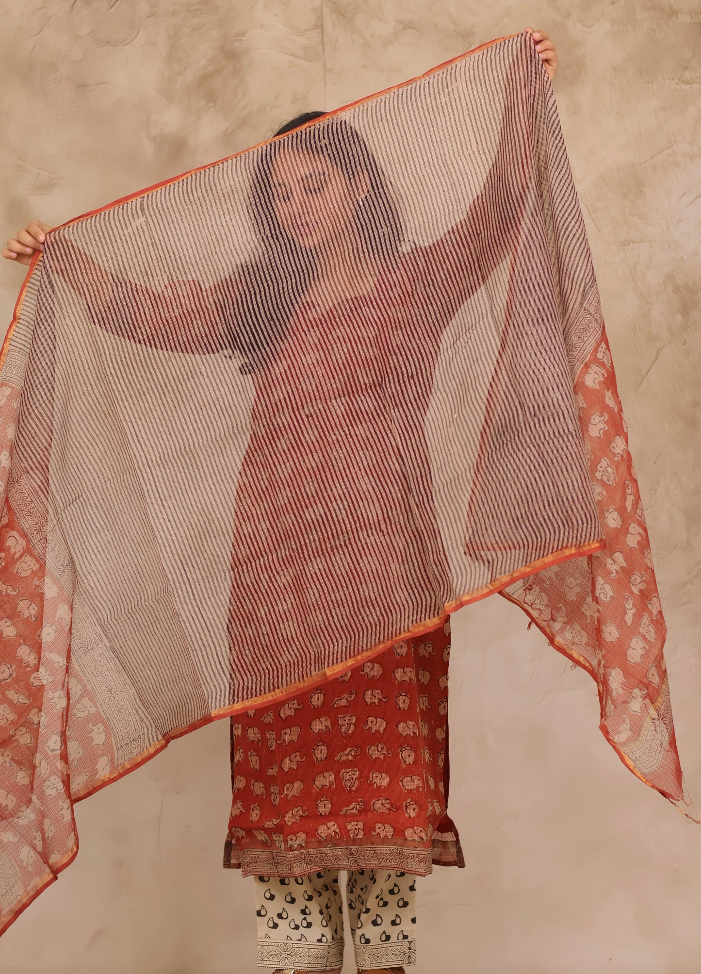 Red Elephant Handblock printed kota 3 piece suit (stitched)