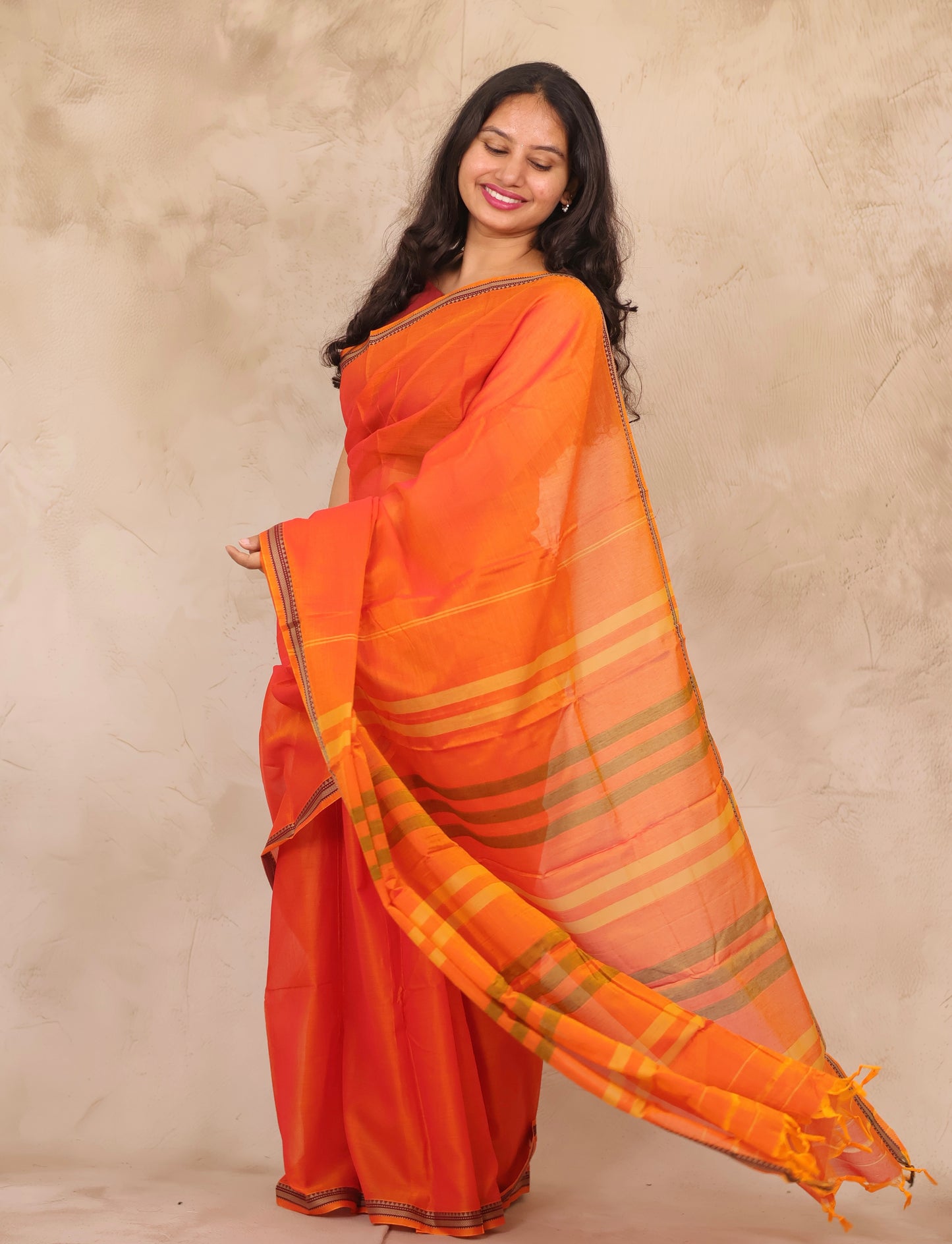 Orange Narayanpet Cotton Saree | Looms & Tassels
