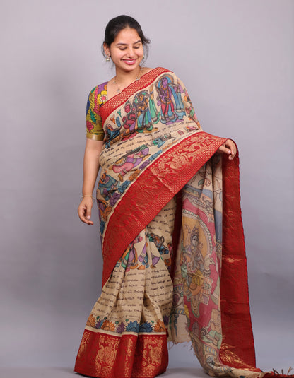 Cream Hand Painted Pen Kalamkari Silk Saree