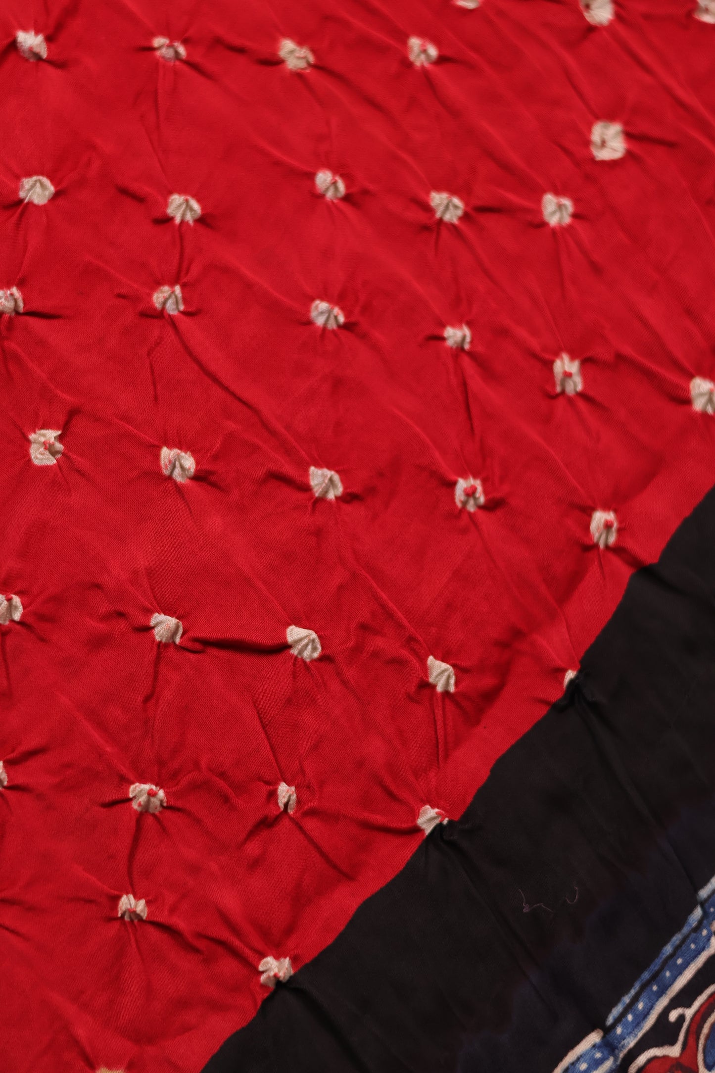 Red Hand Knotted Ajrakh Bandhej Modal Silk Saree | Looms & Tassels