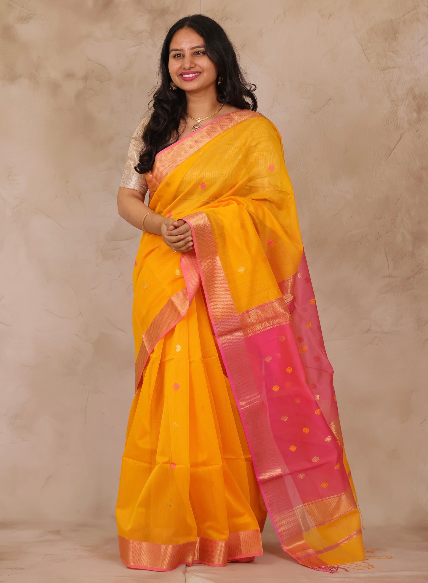 Yellow & Pink Handloom Maheswari Silk Cotton Sarees | Looms & Tassels